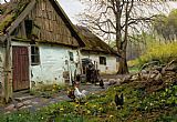 Peder Mork Monsted Canvas Paintings - Bromolle Farm with Chickens